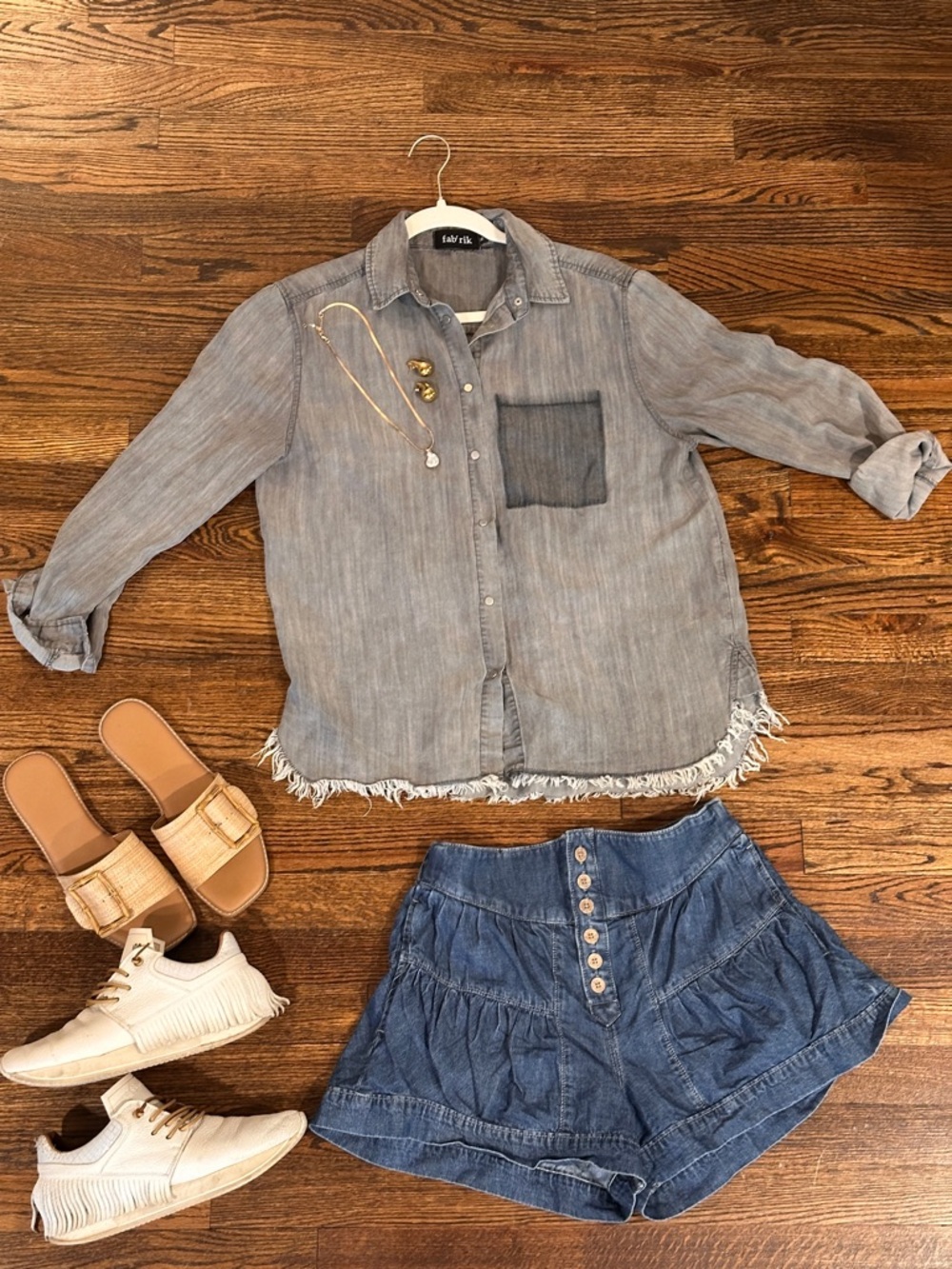 Light Chambray Button-Up Shirt - Gray with Fringe Detail